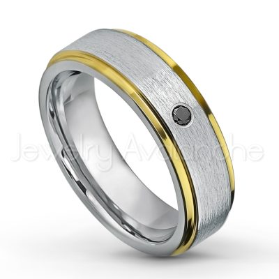 0.21ctw Black Diamond 3-Stone Tungsten Ring - April Birthstone Ring - 2-tone Tungsten Wedding Band - 6mm Brushed Finish Comfort Fit Yellow Gold Plated Stepped Edge Tungsten Carbide Ring TN330-BD