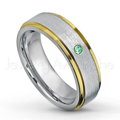 0.21ctw Emerald 3-Stone Tungsten Ring - May Birthstone Ring - 2-tone Tungsten Wedding Band - 6mm Brushed Finish Comfort Fit Yellow Gold Plated Stepped Edge Tungsten Carbide Ring TN330-ED