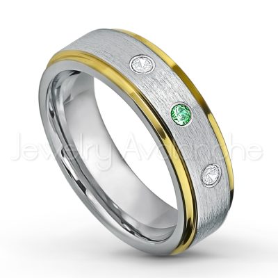 0.07ctw Emerald Tungsten Ring - May Birthstone Ring - 2-tone Tungsten Wedding Band - 6mm Brushed Finish Comfort Fit Yellow Gold Plated Stepped Edge Tungsten Carbide Ring TN330-ED