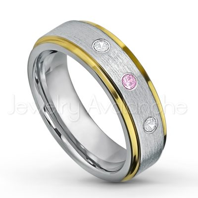 0.21ctw Pink Tourmaline & Diamond 3-Stone Tungsten Ring - October Birthstone Ring - 2-tone Tungsten Wedding Band - 6mm Brushed Finish Comfort Fit Yellow Gold Plated Stepped Edge Tungsten Carbide Ring TN330-PTM