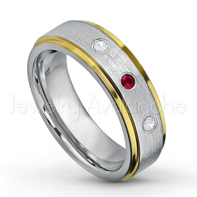 0.07ctw Ruby Tungsten Ring - July Birthstone Ring - 2-tone Tungsten Wedding Band - 6mm Brushed Finish Comfort Fit Yellow Gold Plated Stepped Edge Tungsten Carbide Ring TN330-RB