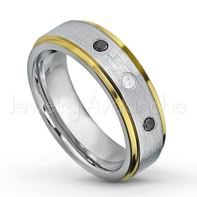 0.21ctw Black Diamond 3-Stone Tungsten Ring - April Birthstone Ring - 2-tone Tungsten Wedding Band - 6mm Brushed Finish Comfort Fit Yellow Gold Plated Stepped Edge Tungsten Carbide Ring TN330-BD
