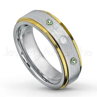 0.21ctw Green Tourmaline 3-Stone Tungsten Ring - October Birthstone Ring - 2-tone Tungsten Wedding Band - 6mm Brushed Finish Comfort Fit Yellow Gold Plated Stepped Edge Tungsten Carbide Ring TN330-GTM