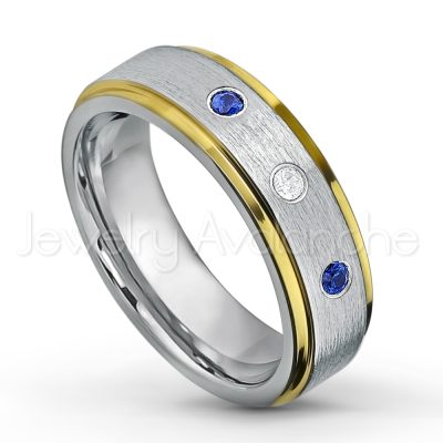 0.21ctw Blue Sapphire & Diamond 3-Stone Tungsten Ring - September Birthstone Ring - 2-tone Tungsten Wedding Band - 6mm Brushed Finish Comfort Fit Yellow Gold Plated Stepped Edge Tungsten Carbide Ring TN330-SP