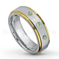 0.21ctw Green Tourmaline 3-Stone Tungsten Ring - October Birthstone Ring - 2-tone Tungsten Wedding Band - 6mm Brushed Finish Comfort Fit Yellow Gold Plated Stepped Edge Tungsten Carbide Ring TN330-GTM