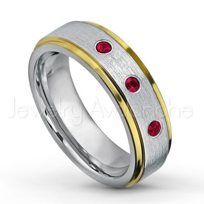 0.07ctw Ruby Tungsten Ring - July Birthstone Ring - 2-tone Tungsten Wedding Band - 6mm Brushed Finish Comfort Fit Yellow Gold Plated Stepped Edge Tungsten Carbide Ring TN330-RB