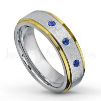 0.21ctw Blue Sapphire 3-Stone Tungsten Ring - September Birthstone Ring - 2-tone Tungsten Wedding Band - 6mm Brushed Finish Comfort Fit Yellow Gold Plated Stepped Edge Tungsten Carbide Ring TN330-SP
