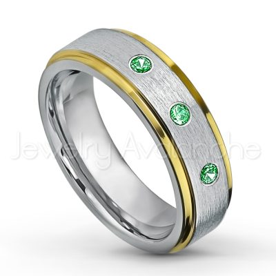 0.07ctw Tsavorite Tungsten Ring - January Birthstone Ring - 2-tone Tungsten Wedding Band - 6mm Brushed Finish Comfort Fit Yellow Gold Plated Stepped Edge Tungsten Carbide Ring TN330-TVR