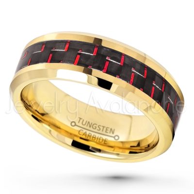 8mm Beveled Edge Tungsten Wedding Band - Polished Yellow Gold Plated Comfort Fit Tungsten Ring w/ Red & Black Carbon Fiber Inlay TN333PL