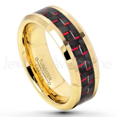 8mm Beveled Edge Tungsten Wedding Band - Polished Yellow Gold Plated Comfort Fit Tungsten Ring w/ Red & Black Carbon Fiber Inlay TN333PL