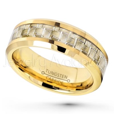 8mm Polished Yellow Gold Plated Comfort Fit Beveled Edge Tungsten Carbide Ring w/ Golden Carbon Fiber Inlay - Tungsten Wedding Band TN341PL