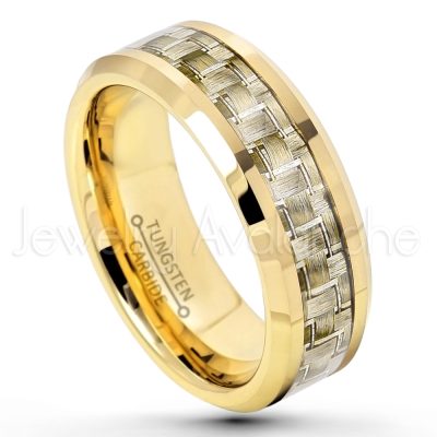 8mm Polished Yellow Gold Plated Comfort Fit Beveled Edge Tungsten Carbide Ring w/ Golden Carbon Fiber Inlay - Tungsten Wedding Band TN341PL
