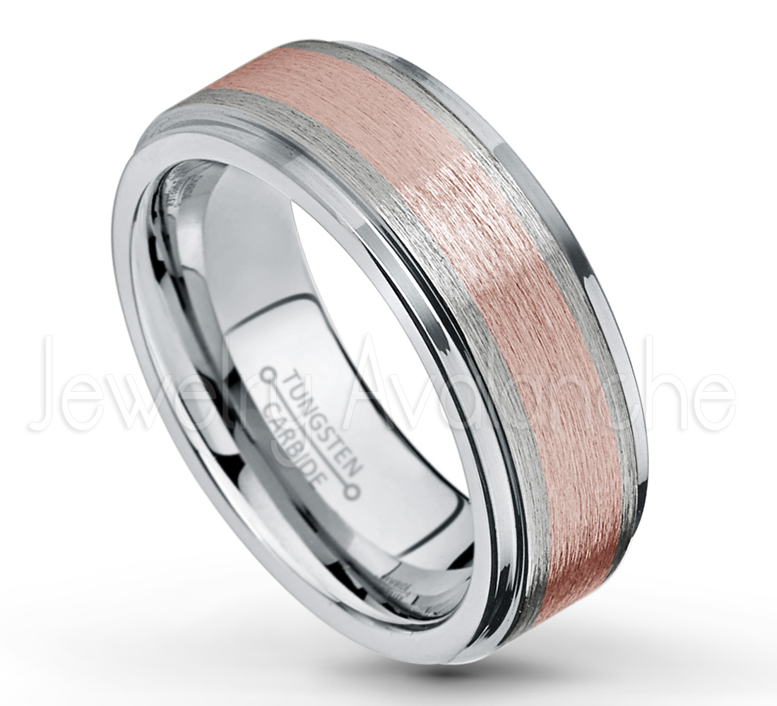 2-Tone Tungsten Wedding Band - 8mm Brushed Finish Rose Gold Plated Comfort  Fit Tungsten Carbide Ring - Men's Tungsten Anniversary Ring TN354PL