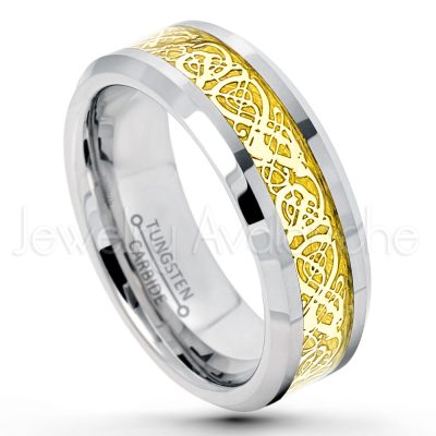 2-tone Tungsten Wedding Band - 8mm Matte & Polished Comfort Fit Beveled Edge Tungsten Carbide Ring w/ Golden Celtic Dragon Inlay TN366PL