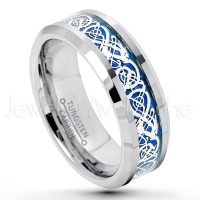 2-tone Tungsten Wedding Band - 8mm Matte & Polished Comfort Fit Beveled Edge Tungsten Carbide Ring w/ Celtic Dragon Inlay TN367PL