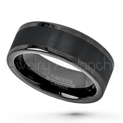 8mm Pipe Cut Tungsten Wedding Band - Polished & Brushed Finish Black IP Comfort Fit Tungsten Carbide Ring - Tungsten Anniversary Band TN374PL