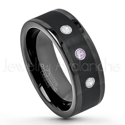 0.21ctw Amethyst & Diamond 3-Stone Tungsten Ring - February Birthstone Ring - 8mm Pipe Cut Tungsten Wedding Band - Polished & Brushed Finish Black IP Comfort Fit Tungsten Carbide Ring - Anniversary Band TN374-AMT