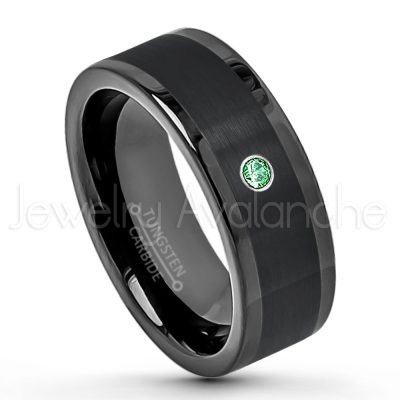 0.21ctw Emerald 3-Stone Tungsten Ring - May Birthstone Ring - 8mm Pipe Cut Tungsten Wedding Band - Polished & Brushed Finish Black IP Comfort Fit Tungsten Carbide Ring - Anniversary Band TN374-ED
