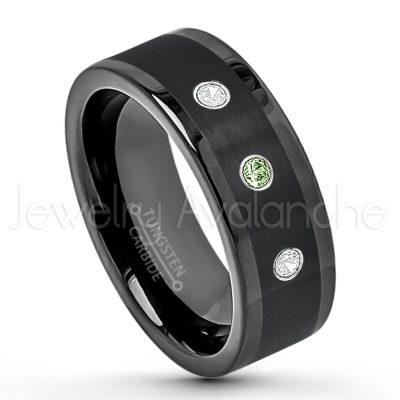 0.21ctw Green Tourmaline 3-Stone Tungsten Ring - October Birthstone Ring - 8mm Pipe Cut Tungsten Wedding Band - Polished & Brushed Finish Black IP Comfort Fit Tungsten Carbide Ring - Anniversary Band TN374-GTM