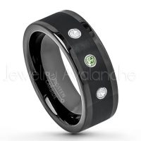 0.21ctw Green Tourmaline & Diamond 3-Stone Tungsten Ring - October Birthstone Ring - 8mm Pipe Cut Tungsten Wedding Band - Polished & Brushed Finish Black IP Comfort Fit Tungsten Carbide Ring - Anniversary Band TN374-GTM