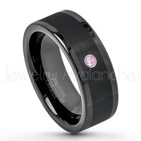 0.07ctw Pink Tourmaline Tungsten Ring - October Birthstone Ring - 8mm Pipe Cut Tungsten Wedding Band - Polished & Brushed Finish Black IP Comfort Fit Tungsten Carbide Ring - Anniversary Band TN374-PTM