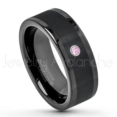 0.21ctw Pink Tourmaline 3-Stone Tungsten Ring - October Birthstone Ring - 8mm Pipe Cut Tungsten Wedding Band - Polished & Brushed Finish Black IP Comfort Fit Tungsten Carbide Ring - Anniversary Band TN374-PTM