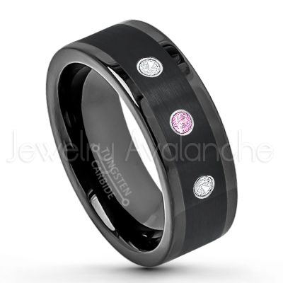 0.21ctw Pink Tourmaline 3-Stone Tungsten Ring - October Birthstone Ring - 8mm Pipe Cut Tungsten Wedding Band - Polished & Brushed Finish Black IP Comfort Fit Tungsten Carbide Ring - Anniversary Band TN374-PTM