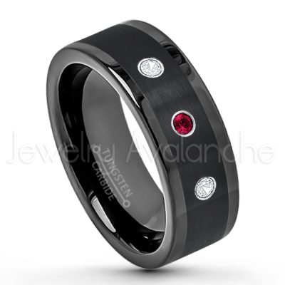 0.07ctw Ruby Tungsten Ring - July Birthstone Ring - 8mm Pipe Cut Tungsten Wedding Band - Polished & Brushed Finish Black IP Comfort Fit Tungsten Carbide Ring - Anniversary Band TN374-RB