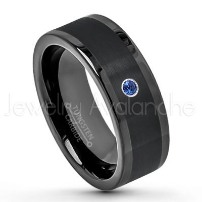 0.21ctw Blue Sapphire 3-Stone Tungsten Ring - September Birthstone Ring - 8mm Pipe Cut Tungsten Wedding Band - Polished & Brushed Finish Black IP Comfort Fit Tungsten Carbide Ring - Anniversary Band TN374-SP