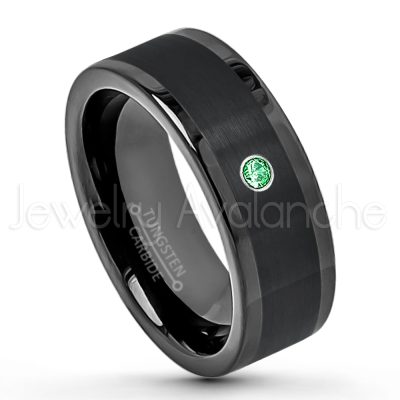 0.21ctw Tsavorite & Diamond 3-Stone Tungsten Ring - January Birthstone Ring - 8mm Pipe Cut Tungsten Wedding Band - Polished & Brushed Finish Black IP Comfort Fit Tungsten Carbide Ring - Anniversary Band TN374-TVR
