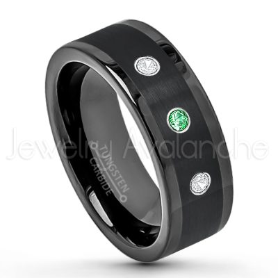 0.21ctw Tsavorite & Diamond 3-Stone Tungsten Ring - January Birthstone Ring - 8mm Pipe Cut Tungsten Wedding Band - Polished & Brushed Finish Black IP Comfort Fit Tungsten Carbide Ring - Anniversary Band TN374-TVR