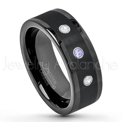 0.21ctw Tanzanite 3-Stone Tungsten Ring - December Birthstone Ring - 8mm Pipe Cut Tungsten Wedding Band - Polished & Brushed Finish Black IP Comfort Fit Tungsten Carbide Ring - Anniversary Band TN374-TZN