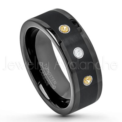 0.21ctw Citrine & Diamond 3-Stone Tungsten Ring - November Birthstone Ring - 8mm Pipe Cut Tungsten Wedding Band - Polished & Brushed Finish Black IP Comfort Fit Tungsten Carbide Ring - Anniversary Band TN374-CN