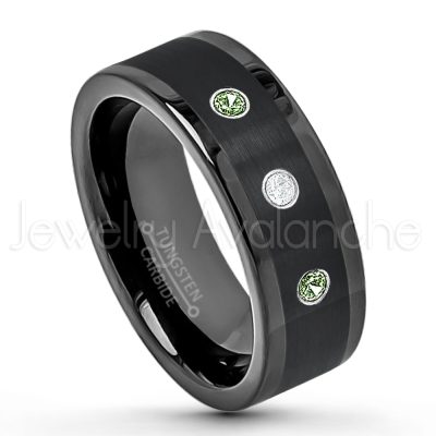0.07ctw Green Tourmaline Tungsten Ring - October Birthstone Ring - 8mm Pipe Cut Tungsten Wedding Band - Polished & Brushed Finish Black IP Comfort Fit Tungsten Carbide Ring - Anniversary Band TN374-GTM