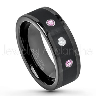 0.21ctw Pink Tourmaline & Diamond 3-Stone Tungsten Ring - October Birthstone Ring - 8mm Pipe Cut Tungsten Wedding Band - Polished & Brushed Finish Black IP Comfort Fit Tungsten Carbide Ring - Anniversary Band TN374-PTM