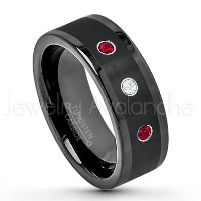 0.07ctw Ruby Tungsten Ring - July Birthstone Ring - 8mm Pipe Cut Tungsten Wedding Band - Polished & Brushed Finish Black IP Comfort Fit Tungsten Carbide Ring - Anniversary Band TN374-RB