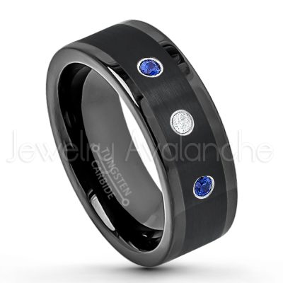 0.21ctw Blue Sapphire 3-Stone Tungsten Ring - September Birthstone Ring - 8mm Pipe Cut Tungsten Wedding Band - Polished & Brushed Finish Black IP Comfort Fit Tungsten Carbide Ring - Anniversary Band TN374-SP