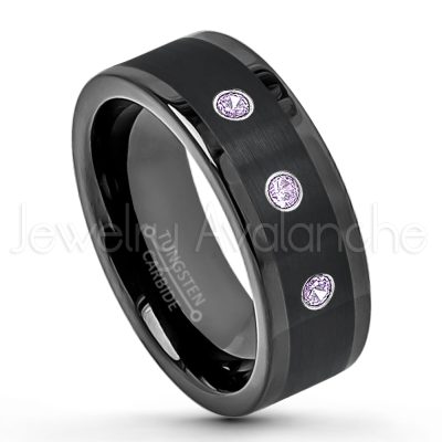 0.21ctw Amethyst & Diamond 3-Stone Tungsten Ring - February Birthstone Ring - 8mm Pipe Cut Tungsten Wedding Band - Polished & Brushed Finish Black IP Comfort Fit Tungsten Carbide Ring - Anniversary Band TN374-AMT