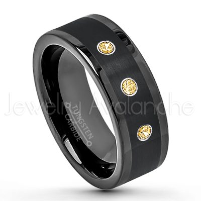 0.21ctw Citrine & Diamond 3-Stone Tungsten Ring - November Birthstone Ring - 8mm Pipe Cut Tungsten Wedding Band - Polished & Brushed Finish Black IP Comfort Fit Tungsten Carbide Ring - Anniversary Band TN374-CN