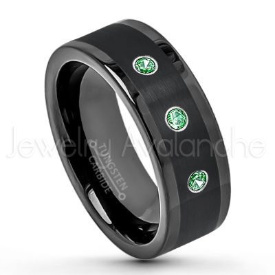0.21ctw Emerald & Diamond 3-Stone Tungsten Ring - May Birthstone Ring - 8mm Pipe Cut Tungsten Wedding Band - Polished & Brushed Finish Black IP Comfort Fit Tungsten Carbide Ring - Anniversary Band TN374-ED