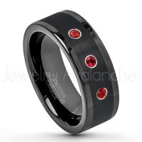 0.21ctw Garnet 3-Stone Tungsten Ring - January Birthstone Ring - 8mm Pipe Cut Tungsten Wedding Band - Polished & Brushed Finish Black IP Comfort Fit Tungsten Carbide Ring - Anniversary Band TN374-GR