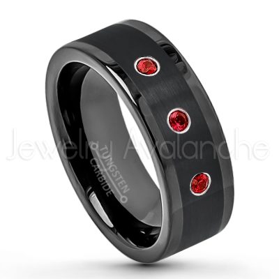 0.21ctw Garnet & Diamond 3-Stone Tungsten Ring - January Birthstone Ring - 8mm Pipe Cut Tungsten Wedding Band - Polished & Brushed Finish Black IP Comfort Fit Tungsten Carbide Ring - Anniversary Band TN374-GR
