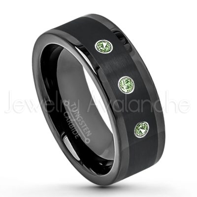 0.21ctw Green Tourmaline 3-Stone Tungsten Ring - October Birthstone Ring - 8mm Pipe Cut Tungsten Wedding Band - Polished & Brushed Finish Black IP Comfort Fit Tungsten Carbide Ring - Anniversary Band TN374-GTM