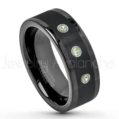 0.21ctw Peridot & Diamond 3-Stone Tungsten Ring - August Birthstone Ring - 8mm Pipe Cut Tungsten Wedding Band - Polished & Brushed Finish Black IP Comfort Fit Tungsten Carbide Ring - Anniversary Band TN374-PD