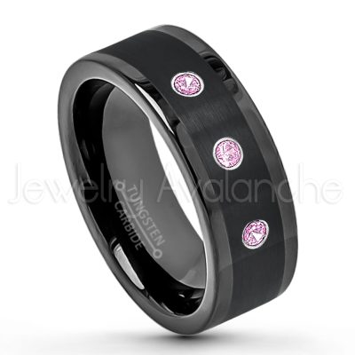 0.21ctw Pink Tourmaline & Diamond 3-Stone Tungsten Ring - October Birthstone Ring - 8mm Pipe Cut Tungsten Wedding Band - Polished & Brushed Finish Black IP Comfort Fit Tungsten Carbide Ring - Anniversary Band TN374-PTM