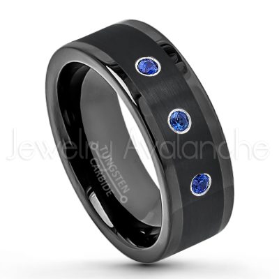 0.07ctw Blue Sapphire Tungsten Ring - September Birthstone Ring - 8mm Pipe Cut Tungsten Wedding Band - Polished & Brushed Finish Black IP Comfort Fit Tungsten Carbide Ring - Anniversary Band TN374-SP