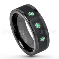 0.21ctw Tsavorite 3-Stone Tungsten Ring - January Birthstone Ring - 8mm Pipe Cut Tungsten Wedding Band - Polished & Brushed Finish Black IP Comfort Fit Tungsten Carbide Ring - Anniversary Band TN374-TVR
