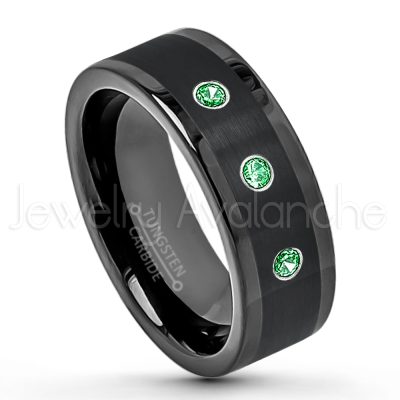 0.07ctw Tsavorite Tungsten Ring - January Birthstone Ring - 8mm Pipe Cut Tungsten Wedding Band - Polished & Brushed Finish Black IP Comfort Fit Tungsten Carbide Ring - Anniversary Band TN374-TVR