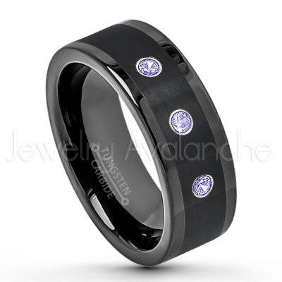 0.07ctw Tanzanite Tungsten Ring - December Birthstone Ring - 8mm Pipe Cut Tungsten Wedding Band - Polished & Brushed Finish Black IP Comfort Fit Tungsten Carbide Ring - Anniversary Band TN374-TZN