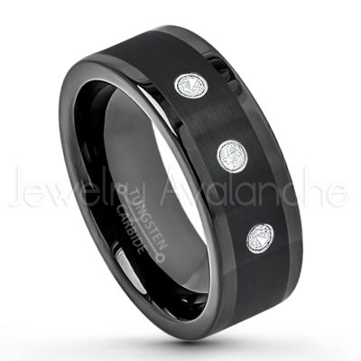 0.21ctw White & Black Diamond 3-Stone Tungsten Ring - April Birthstone Ring - 8mm Pipe Cut Tungsten Wedding Band - Polished & Brushed Finish Black IP Comfort Fit Tungsten Carbide Ring - Anniversary Band TN374-WD